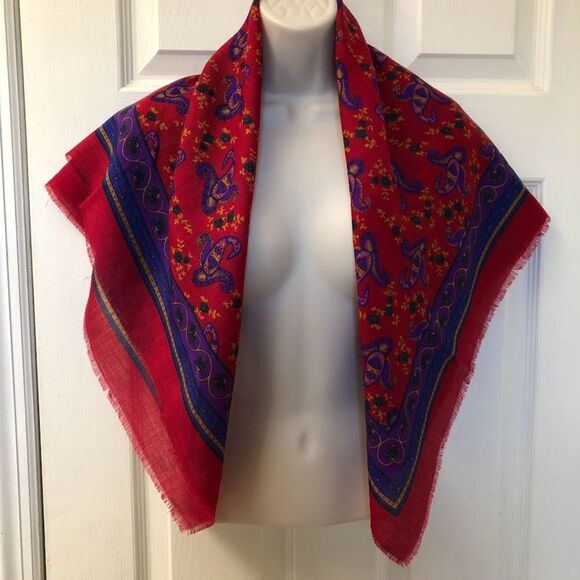 Vintage Baar Beards 100% Wool Paisley Women's Red Square Scarf Abstract Floral - Picture 5 of 9